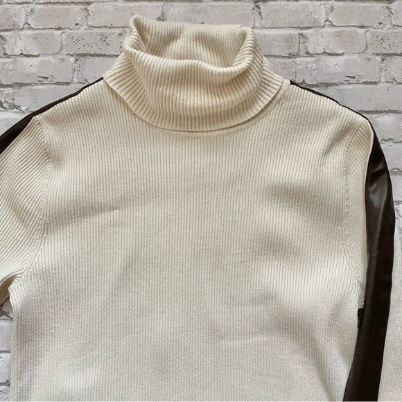 Lauren Ralph Lauren Cream Turtleneck Sweater with Faux Leather Trim - Picture 4 of 10